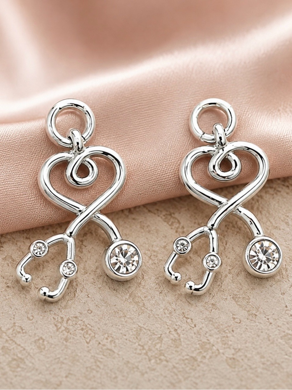 Silver Heart Stethoscope Dangle Earrings - Medical Charm Jewelry